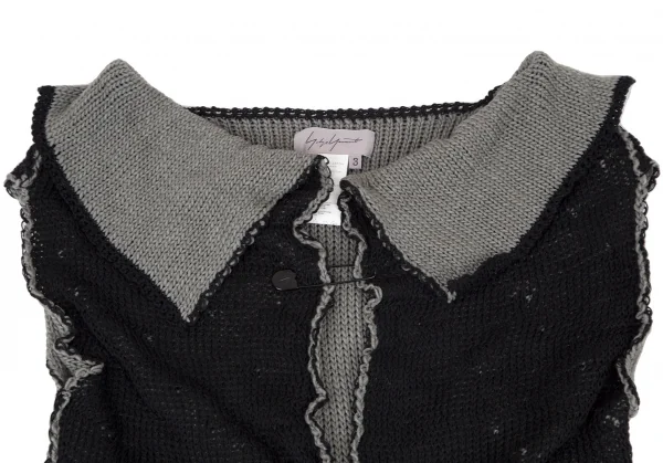 ヨウジヤマモト ファムYohji Yamamoto FEMME ウールシルクピン留めノースリーブロングニットカーディガン 黒グレー3 K-115848_004