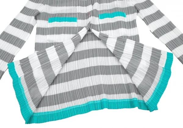 イッセイミヤケISSEY MIYAKEパターン切替ボーダーシースループリーツシャツ 白グレーM K-116027_010