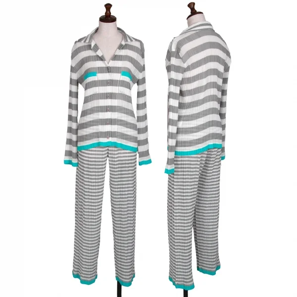 イッセイミヤケISSEY MIYAKEパターン切替ボーダーシースループリーツシャツ 白グレーM K-116027_014