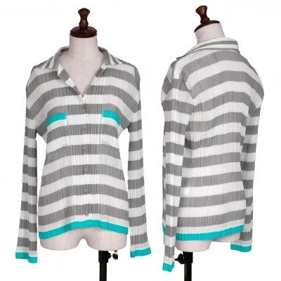 イッセイミヤケISSEY MIYAKEパターン切替ボーダーシースループリーツシャツ 白グレー