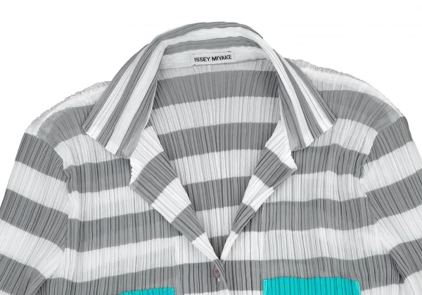 イッセイミヤケISSEY MIYAKEパターン切替ボーダーシースループリーツシャツ 白グレーM K-116027_003