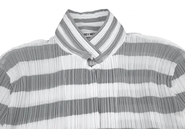 イッセイミヤケISSEY MIYAKEパターン切替ボーダーシースループリーツシャツ 白グレーM K-116027_004