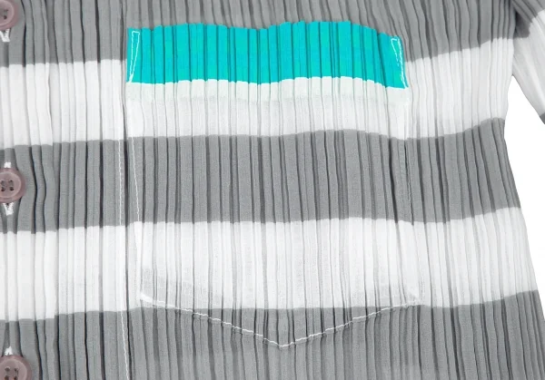 イッセイミヤケISSEY MIYAKEパターン切替ボーダーシースループリーツシャツ 白グレーM K-116027_006