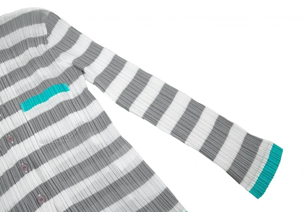 イッセイミヤケISSEY MIYAKEパターン切替ボーダーシースループリーツシャツ 白グレーM K-116027_007