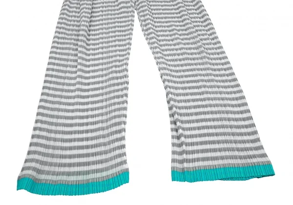 イッセイミヤケISSEY MIYAKEパターン切替ボーダーシースループリーツパンツ 白グレーM K-116028_006