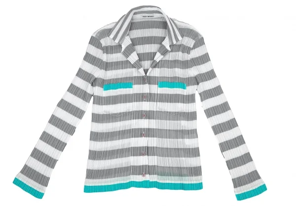 イッセイミヤケISSEY MIYAKEパターン切替ボーダーシースループリーツセットアップ 白グレーM K-116029_003