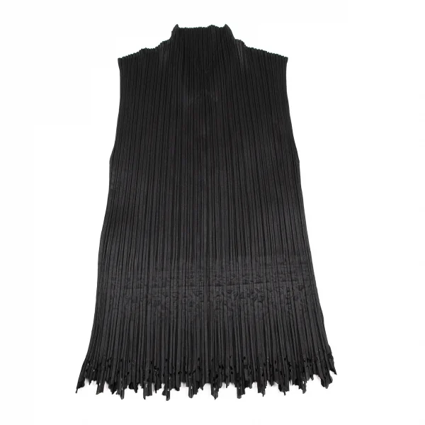プリーツプリーズPLEATS PLEASE ダマスクエンボス裾カッティングノースリーブトップス 黒3 K-116058_011