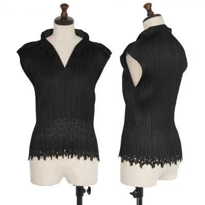 プリーツプリーズPLEATS PLEASE ダマスクエンボス裾カッティングノースリーブトップス 黒
