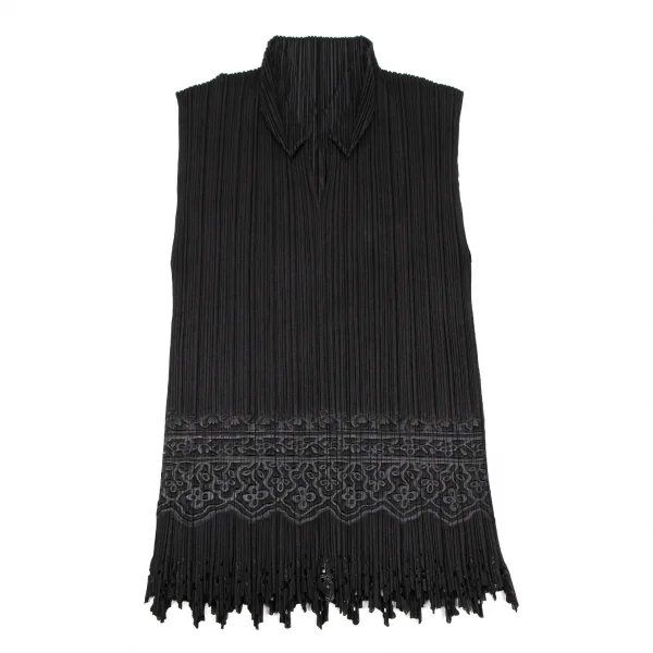 プリーツプリーズPLEATS PLEASE ダマスクエンボス裾カッティングノースリーブトップス 黒3 K-116058_002
