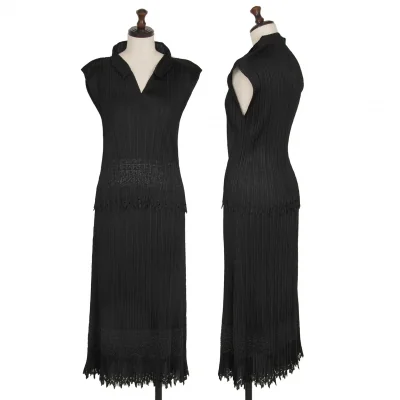 プリーツプリーズPLEATS PLEASE ダマスクエンボス裾カッティングセットアップ 黒
