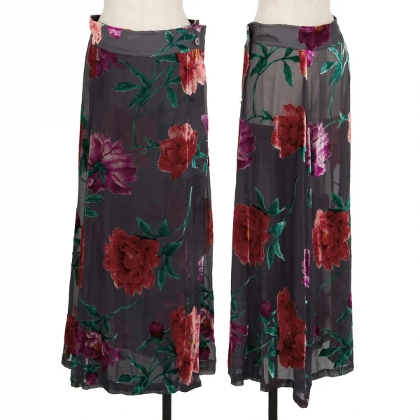 ヨウジヤマモト ファムYohji Yamamoto FEMME フラワーパイルプリントシルクシースルーラップスカート チャコールS K-116125_001