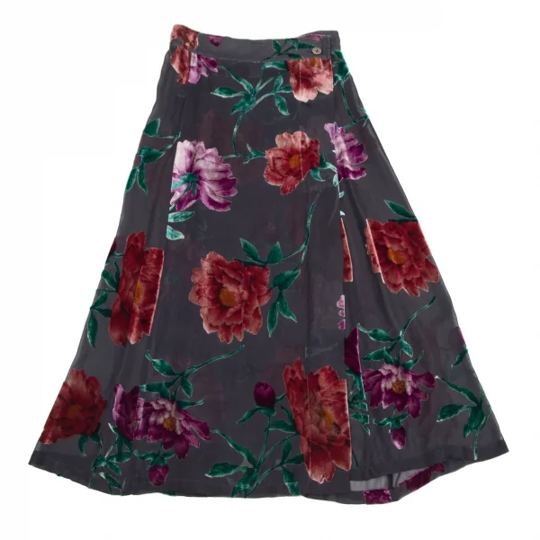 ヨウジヤマモト ファムYohji Yamamoto FEMME フラワーパイルプリントシルクシースルーラップスカート チャコールS K-116125_002