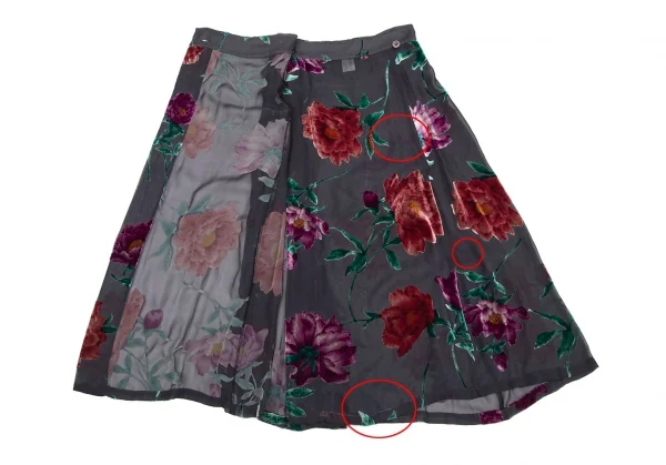 ヨウジヤマモト ファムYohji Yamamoto FEMME フラワーパイルプリントシルクシースルーラップスカート チャコールS K-116125_009