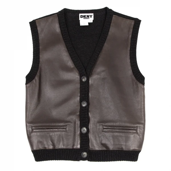 ダナキャランジーンズDKNY JEANS フロントレザー切替ニットベスト 茶黒S K-116141_002