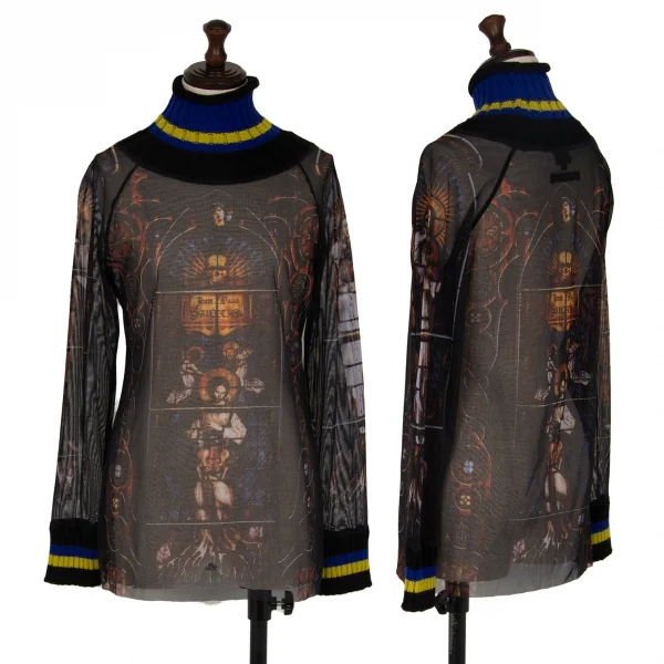 ジャンポールゴルチエ ファムJean Paul GAULTIER FEMME ボーダーリブニット切替 ステンドグラスプリントパワーネットカットソー 黒青40 K-116177_001