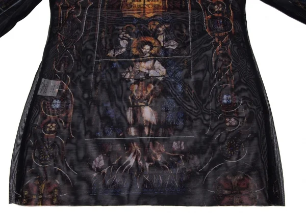 ジャンポールゴルチエ ファムJean Paul GAULTIER FEMME ボーダーリブニット切替 ステンドグラスプリントパワーネットカットソー 黒青40 K-116177_010