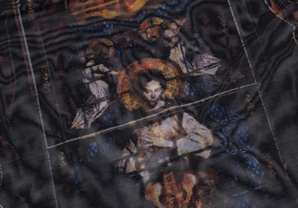 ジャンポールゴルチエ ファムJean Paul GAULTIER FEMME ボーダーリブニット切替 ステンドグラスプリントパワーネットカットソー 黒青40 K-116177_011