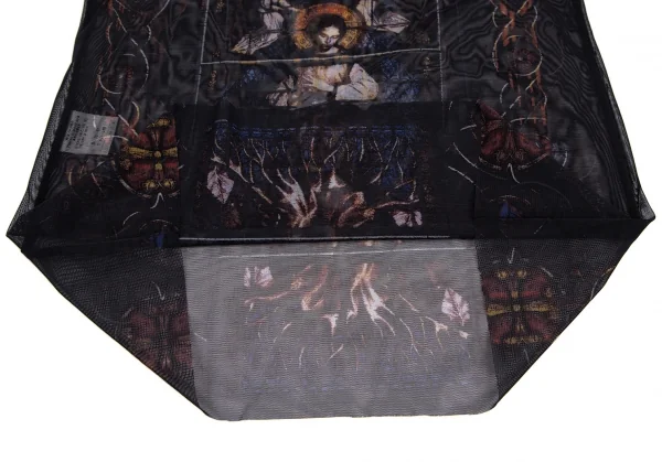 ジャンポールゴルチエ ファムJean Paul GAULTIER FEMME ボーダーリブニット切替 ステンドグラスプリントパワーネットカットソー 黒青40 K-116177_014