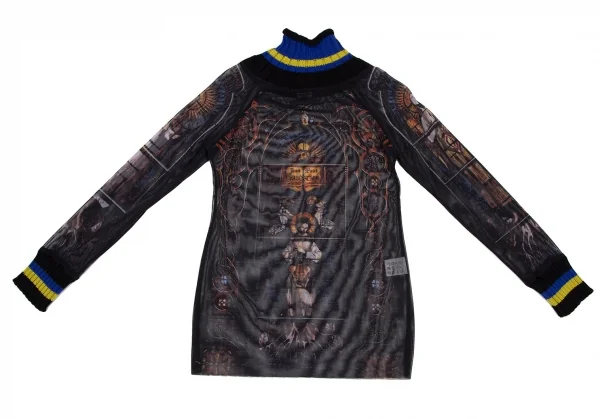 ジャンポールゴルチエ ファムJean Paul GAULTIER FEMME ボーダーリブニット切替 ステンドグラスプリントパワーネットカットソー 黒青40 K-116177_015