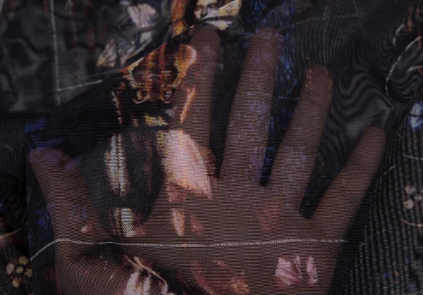 ジャンポールゴルチエ ファムJean Paul GAULTIER FEMME ボーダーリブニット切替 ステンドグラスプリントパワーネットカットソー 黒青40 K-116177_017