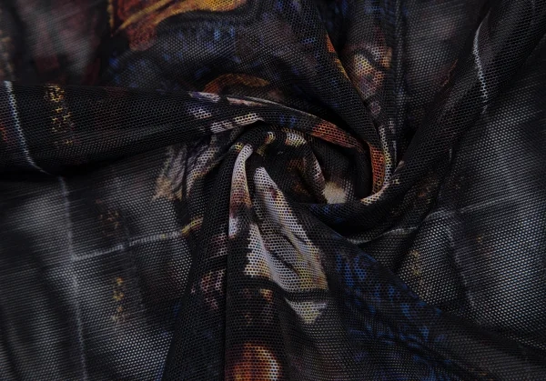 ジャンポールゴルチエ ファムJean Paul GAULTIER FEMME ボーダーリブニット切替 ステンドグラスプリントパワーネットカットソー 黒青40 K-116177_018