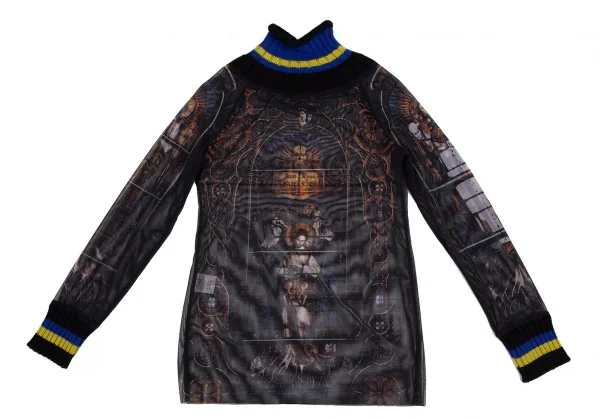 ジャンポールゴルチエ ファムJean Paul GAULTIER FEMME ボーダーリブニット切替 ステンドグラスプリントパワーネットカットソー 黒青40 K-116177_002