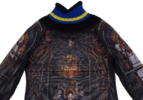ジャンポールゴルチエ ファムJean Paul GAULTIER FEMME ボーダーリブニット切替 ステンドグラスプリントパワーネットカットソー 黒青40 K-116177_003