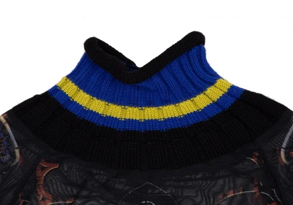 ジャンポールゴルチエ ファムJean Paul GAULTIER FEMME ボーダーリブニット切替 ステンドグラスプリントパワーネットカットソー 黒青40 K-116177_004