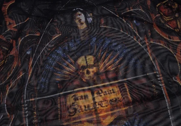 ジャンポールゴルチエ ファムJean Paul GAULTIER FEMME ボーダーリブニット切替 ステンドグラスプリントパワーネットカットソー 黒青40 K-116177_005