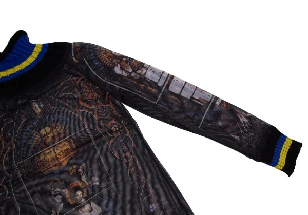 ジャンポールゴルチエ ファムJean Paul GAULTIER FEMME ボーダーリブニット切替 ステンドグラスプリントパワーネットカットソー 黒青40 K-116177_006