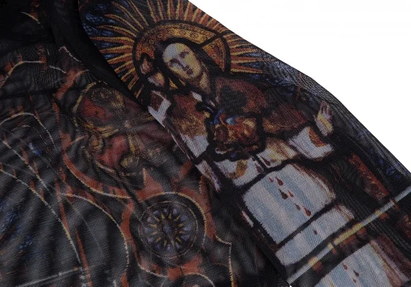 ジャンポールゴルチエ ファムJean Paul GAULTIER FEMME ボーダーリブニット切替 ステンドグラスプリントパワーネットカットソー 黒青40 K-116177_007