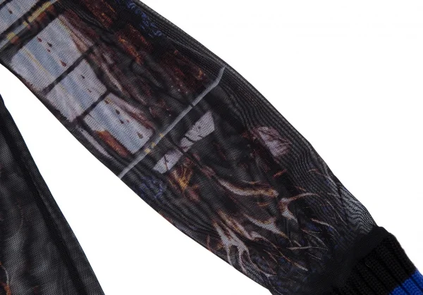 ジャンポールゴルチエ ファムJean Paul GAULTIER FEMME ボーダーリブニット切替 ステンドグラスプリントパワーネットカットソー 黒青40 K-116177_008