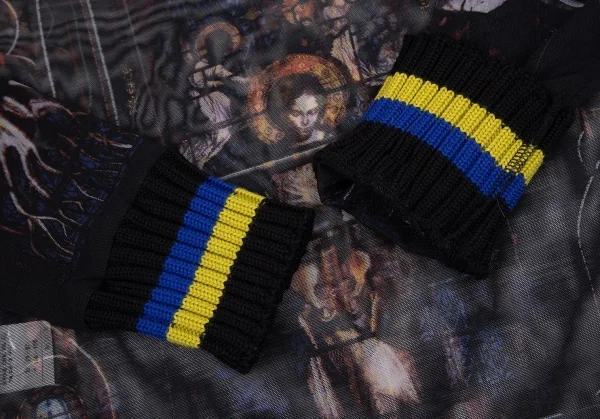 ジャンポールゴルチエ ファムJean Paul GAULTIER FEMME ボーダーリブニット切替 ステンドグラスプリントパワーネットカットソー 黒青40 K-116177_009