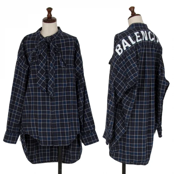 バレンシアガBALENCIAGA 520497 ロゴプリントタイネックチェックシャツ 青34 K-116200_001