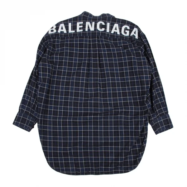 バレンシアガBALENCIAGA 520497 ロゴプリントタイネックチェックシャツ 青34 K-116200_002