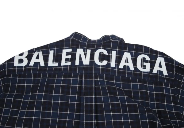 バレンシアガBALENCIAGA 520497 ロゴプリントタイネックチェックシャツ 青34 K-116200_003