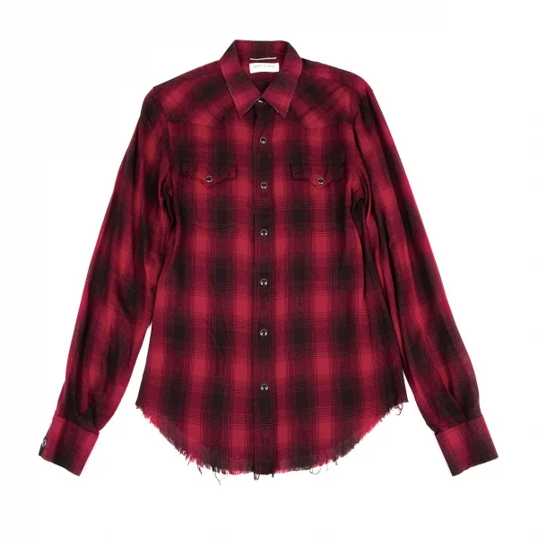 サンローラン Saint Laurent  ダメージ加工レーヨンチェック長袖シャツ 赤黒XS K-116202_001