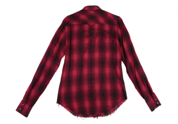 サンローラン Saint Laurent  ダメージ加工レーヨンチェック長袖シャツ 赤黒XS K-116202_013