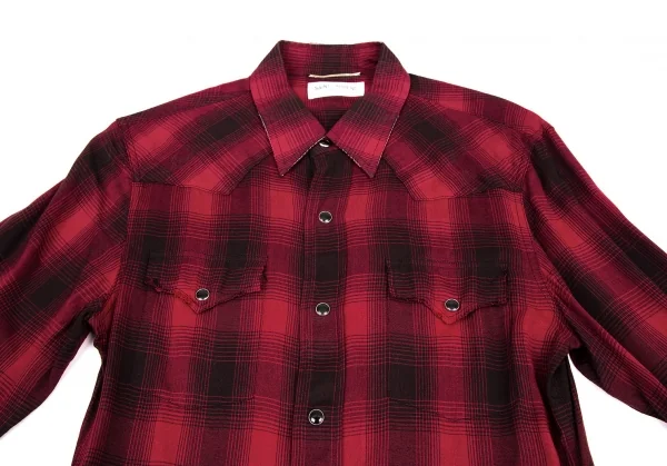 サンローラン Saint Laurent  ダメージ加工レーヨンチェック長袖シャツ 赤黒XS K-116202_002