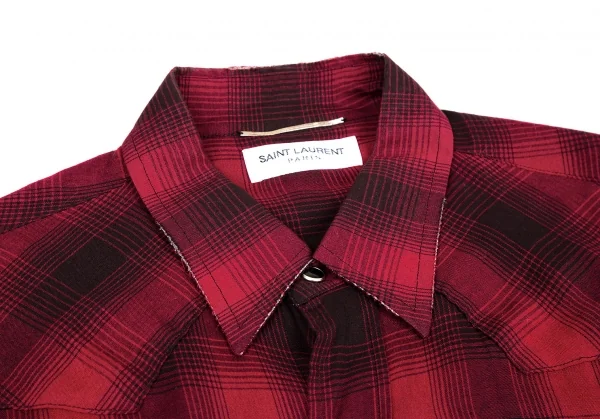 サンローラン Saint Laurent  ダメージ加工レーヨンチェック長袖シャツ 赤黒XS K-116202_003