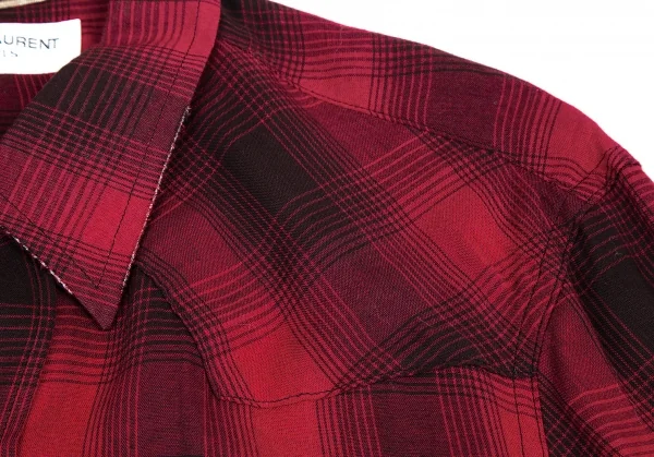 サンローラン Saint Laurent  ダメージ加工レーヨンチェック長袖シャツ 赤黒XS K-116202_005