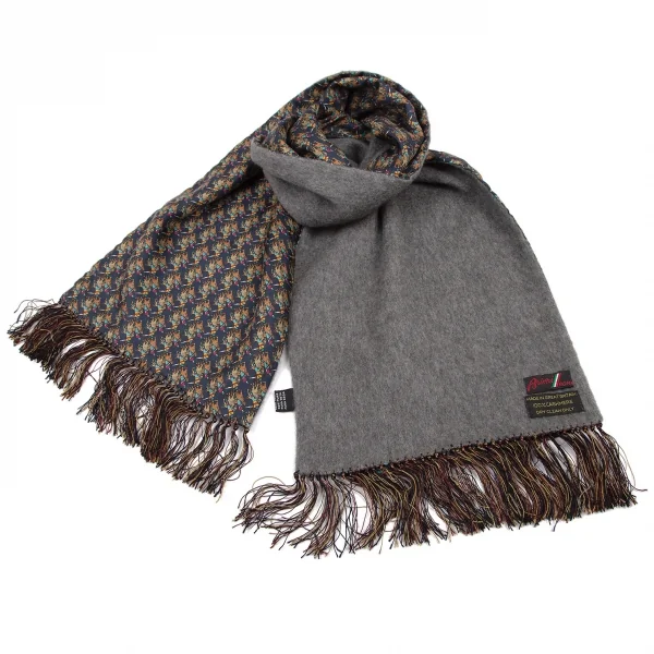 ブリオーニBrioni 軍馬プリントカシミヤフリンジストール 紺グレー K-116353_001