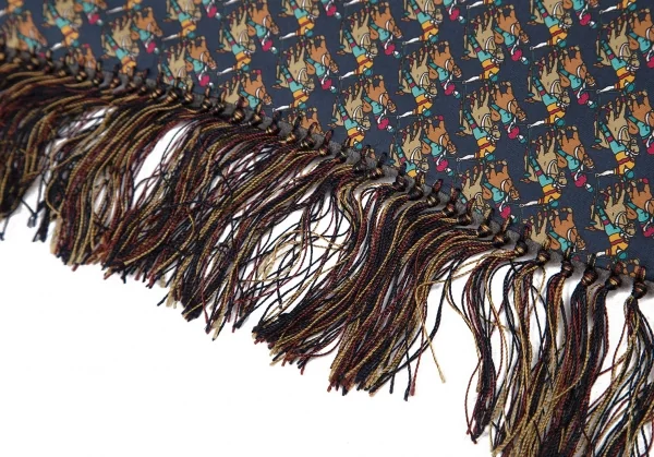 ブリオーニBrioni 軍馬プリントカシミヤフリンジストール 紺グレー K-116353_003