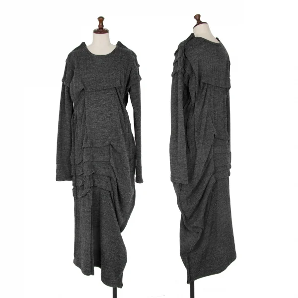 リミフゥLIMI feu ウールコットンヘリンボーン変形タックワンピース チャコール2 K-116408_001