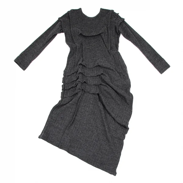 リミフゥLIMI feu ウールコットンヘリンボーン変形タックワンピース チャコール2 K-116408_002