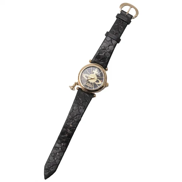 ヴィヴィアンウエストウッドVivienne Westwood オーブチャーム付きレザーバンドウォッチ ゴールド黒 K-116469_003