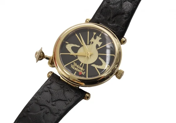 ヴィヴィアンウエストウッドVivienne Westwood オーブチャーム付きレザーバンドウォッチ ゴールド黒 K-116469_008