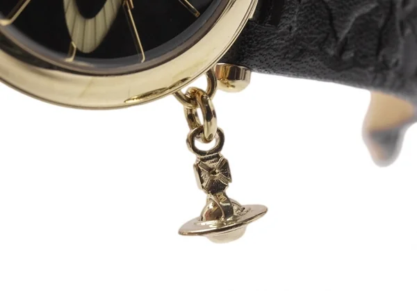 ヴィヴィアンウエストウッドVivienne Westwood オーブチャーム付きレザーバンドウォッチ ゴールド黒 K-116469_009