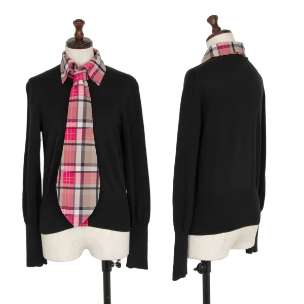 ヴィヴィアンウエストウッド レッドレーベルVivienne Westwood Red Label ネクタイ付きチェックシャツ切替ニットカーディガン 黒ピンク2 K-116474_001