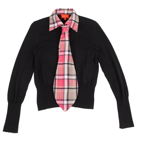 ヴィヴィアンウエストウッド レッドレーベルVivienne Westwood Red Label ネクタイ付きチェックシャツ切替ニットカーディガン 黒ピンク2 K-116474_002